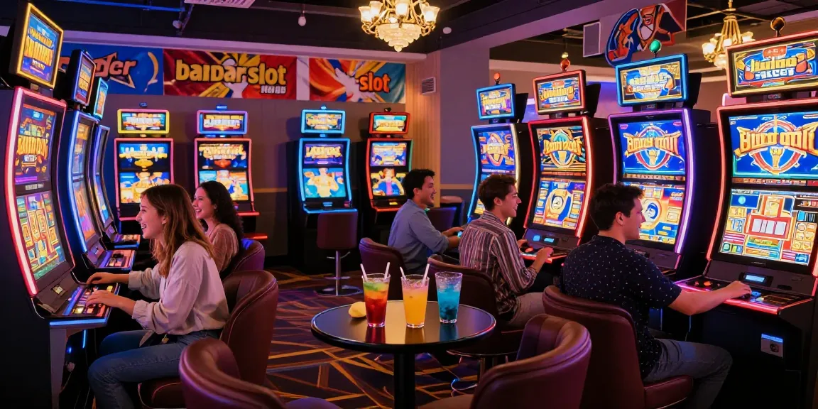 Friends enjoying a lively casino atmosphere while playing bandar slot games with vibrant lights and drinks.