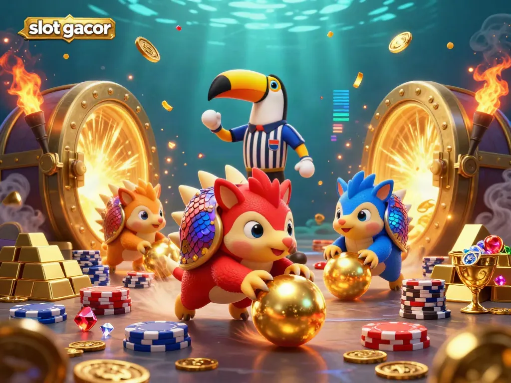 Engaging casino scene with slot gacor pangolins bowling through poker chips and golden treasures.