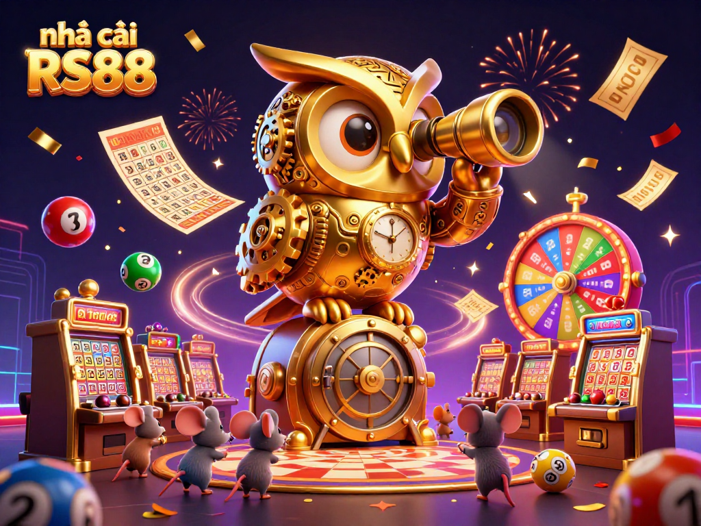 Engage with nhà cái RS88's energetic casino atmosphere featuring a vibrant owl and lively mice patrons.