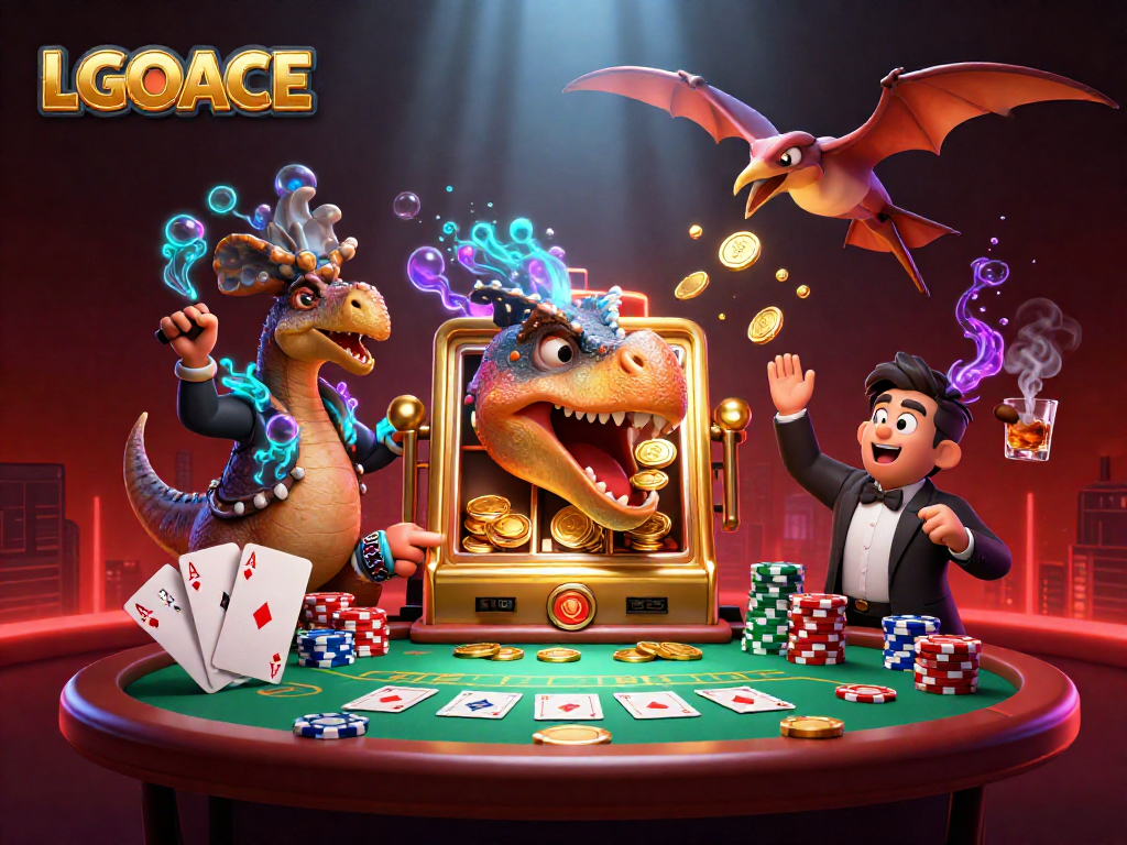 LGOACE showcases a pachycephalosaurus winning coins at a jackpot slot machine amidst an exciting casino scene.