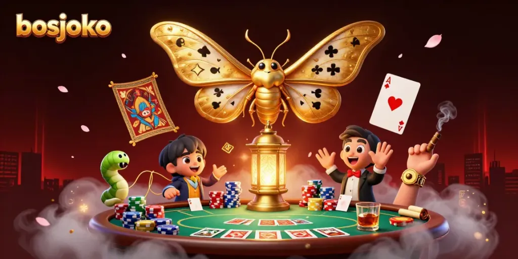 Experience the vibrant world of bosjoko with a golden atlas moth surrounded by casino elements, capturing the thrill of gaming.