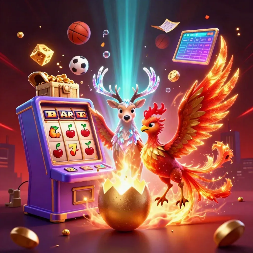 Phoenix trio amid slot machine bursts, sports balls, gold, and neon mystic light.