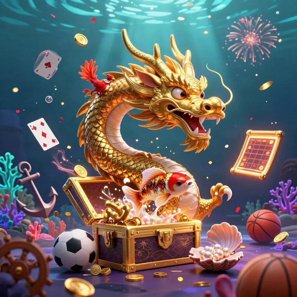Golden dragon, phoenix and koi amid casino treasures underwater with coins, cards and sports props.