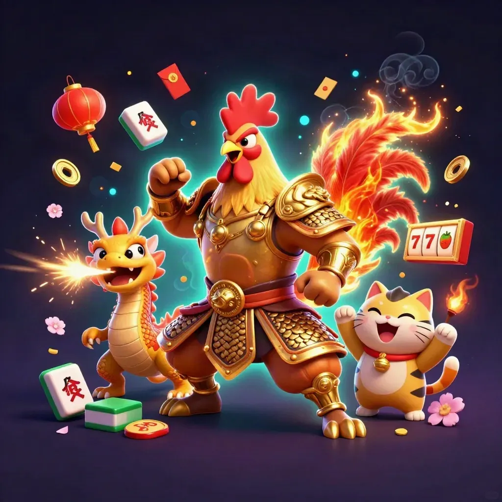 Rooster warrior, dragon hatchling, and fortune-cat amid neon casino magic and flying symbols.