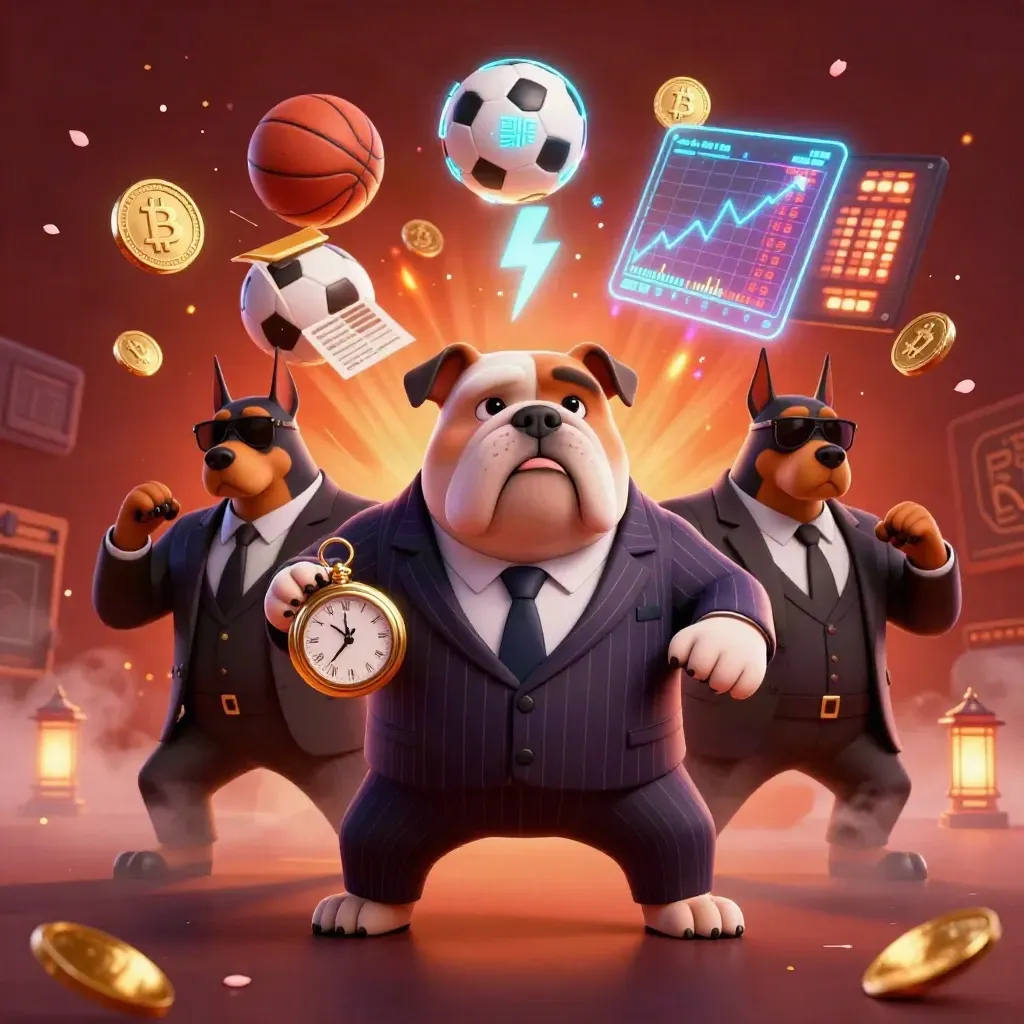 Bulldog mob boss with Dobermans, flying sports balls, neon coins, and casino magic.