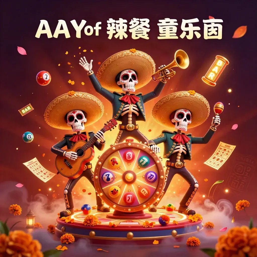 Skeleton mariachi trio amid neon casino luck, spinning wheel, petals and glowing treasure.