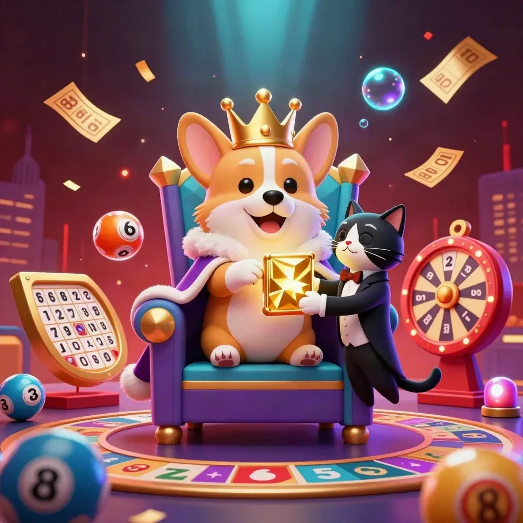 Royal corgi and cat butler amid casino lights, wheels, cards, and neon mystic luxury.