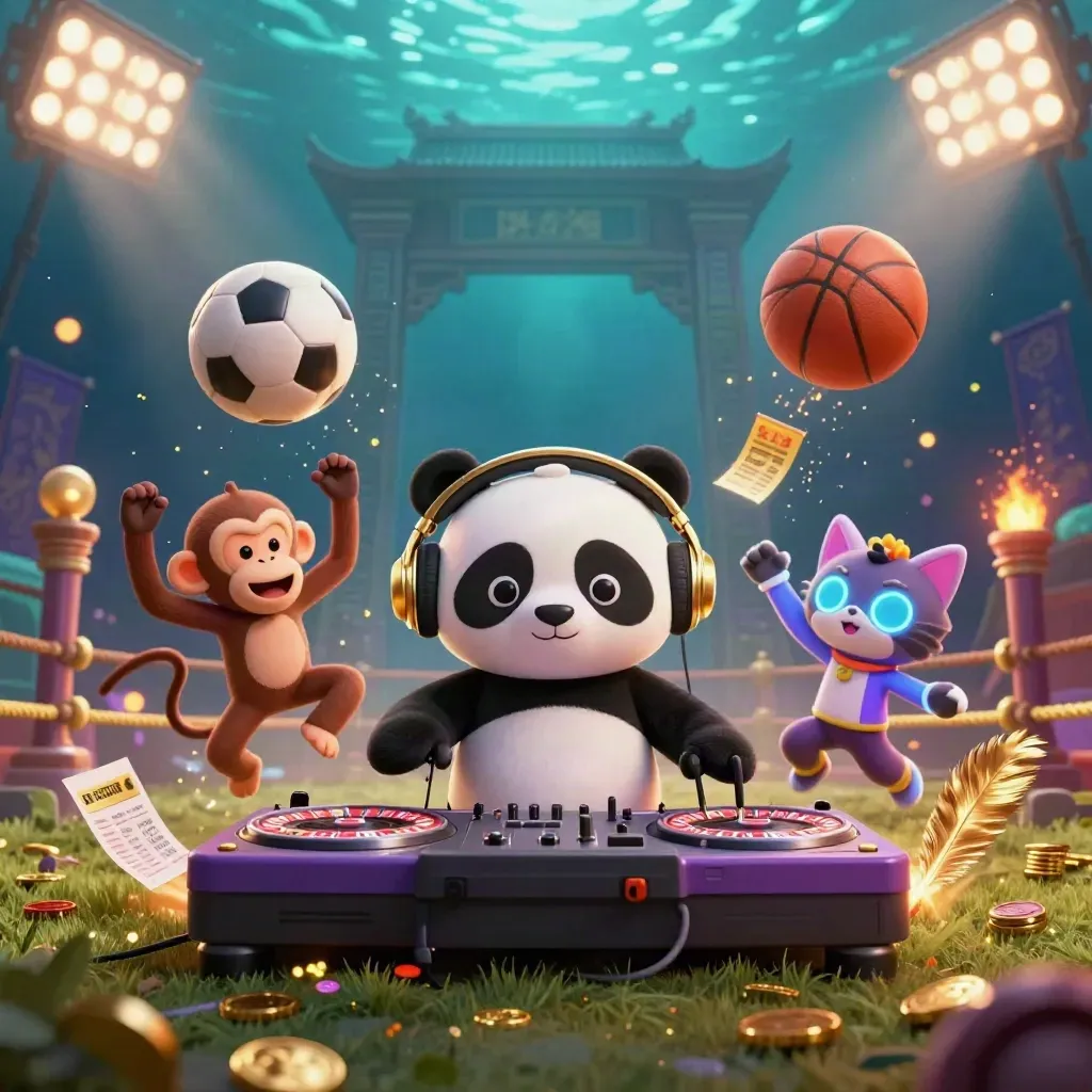 DJ panda, breakdancing monkey and glow-stick kitten amid sports balls and casino effects.