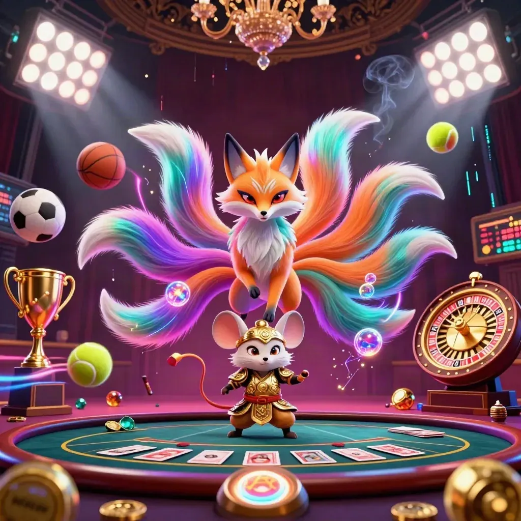 Neon fox spirit and samurai mouse amid casino lights, sports balls, trophy, coins, and cards