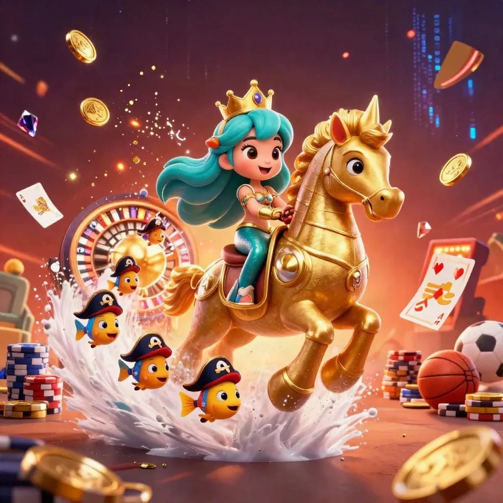 Mermaid princess on armored seahorse amid casino icons, coins, cards, chips, and neon energy.