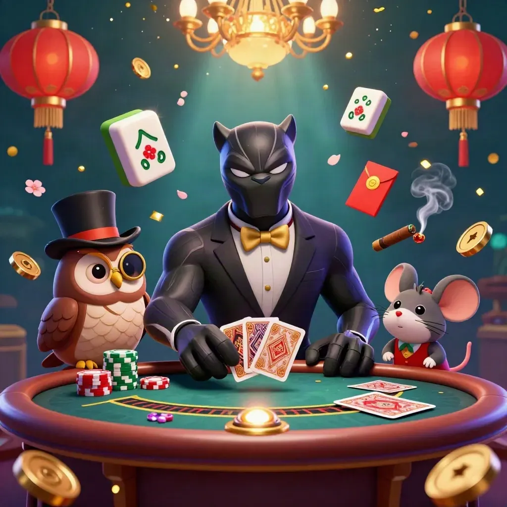 Black panther, owl, and mouse in a luxe neon casino scene with chips, cards, lanterns, and glowing lights.