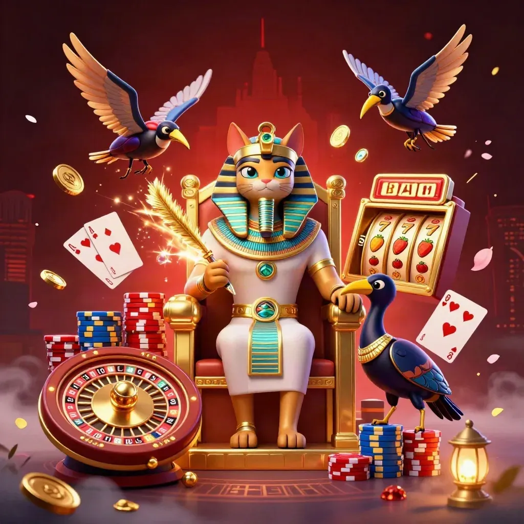 Pharaoh cat, ibis scribe, and gem-wing scarabs amid coins, gems, roulette, and neon casino magic.