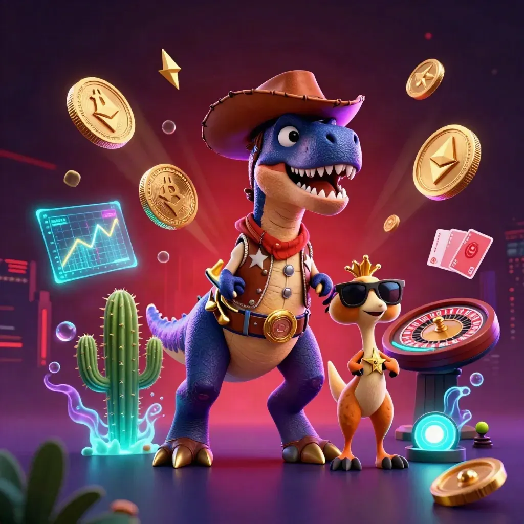 Cowboy T-Rex, cactus, and roadrunner in a neon casino with glowing coins and effects.