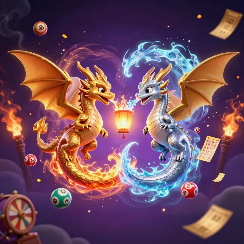 Twin gold and silver dragons spiral in fire and ice with a lantern spirit and casino magic