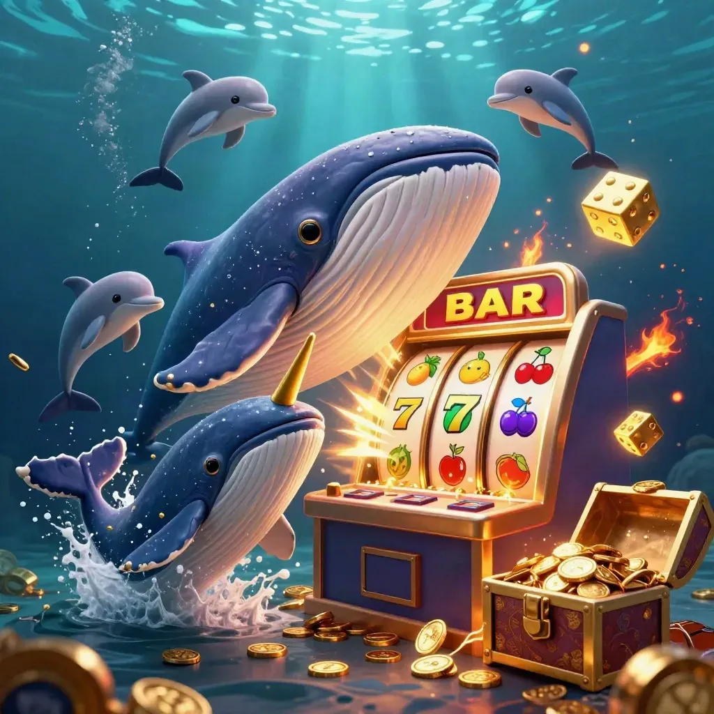 Whale captain, narwhal, and dolphins burst through coins around a jackpot slot machine underwater.
