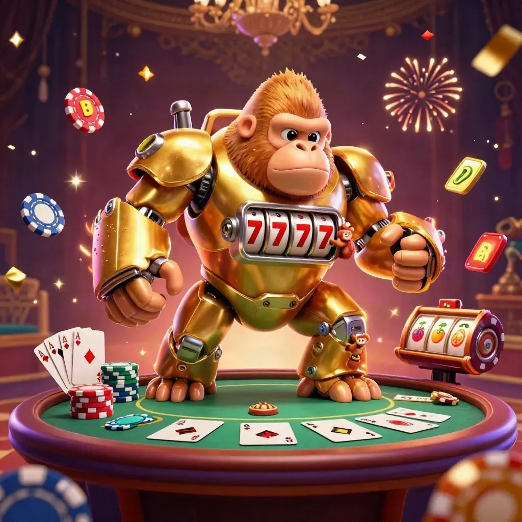 Golden gorilla mech with monkey pilot, poker and slot symbols bursting in a luxe neon casino scene.