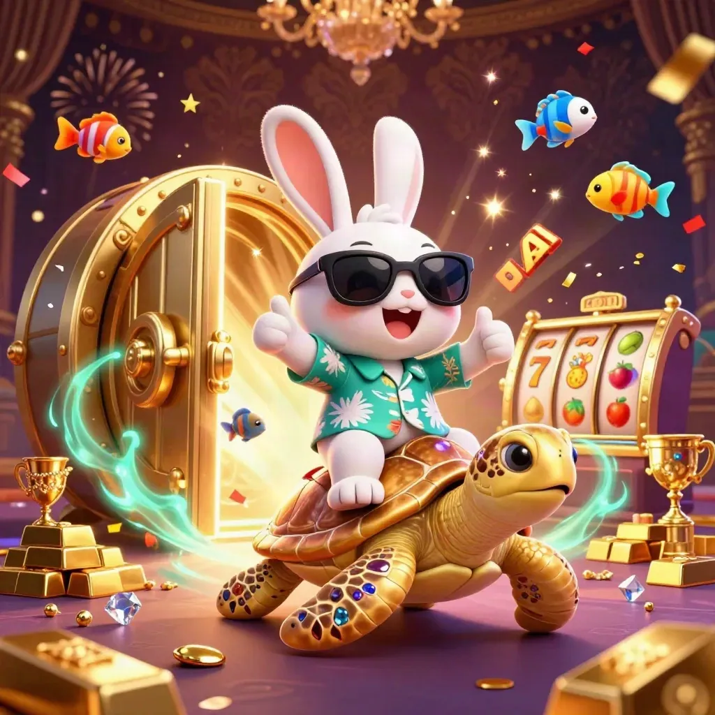 Lucky rabbit on golden turtle amid treasure, gems, teal magic and casino sparks