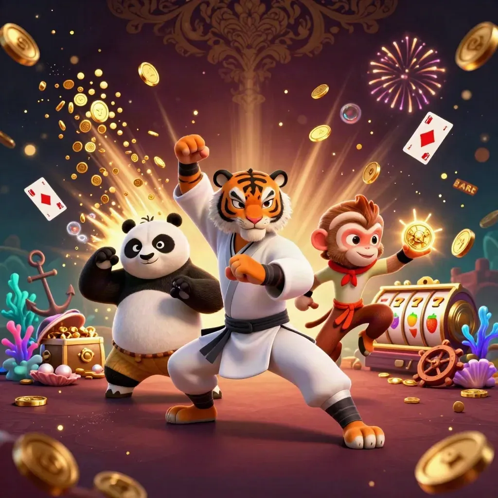 Kung-fu tiger, panda, and monkey amid glowing coins, coral, reels, and fireworks.