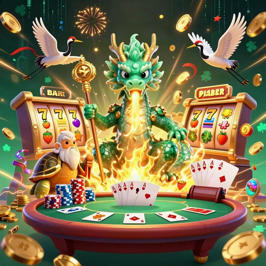 Dragon, turtle sage, and cranes amid coins, reels, chips, and fireworks in a neon casino scene.
