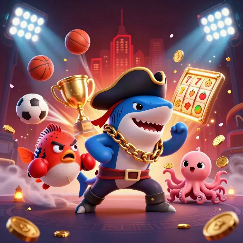 Pirate shark, boxing pufferfish, and coin-juggling octopus amid neon casino chaos.