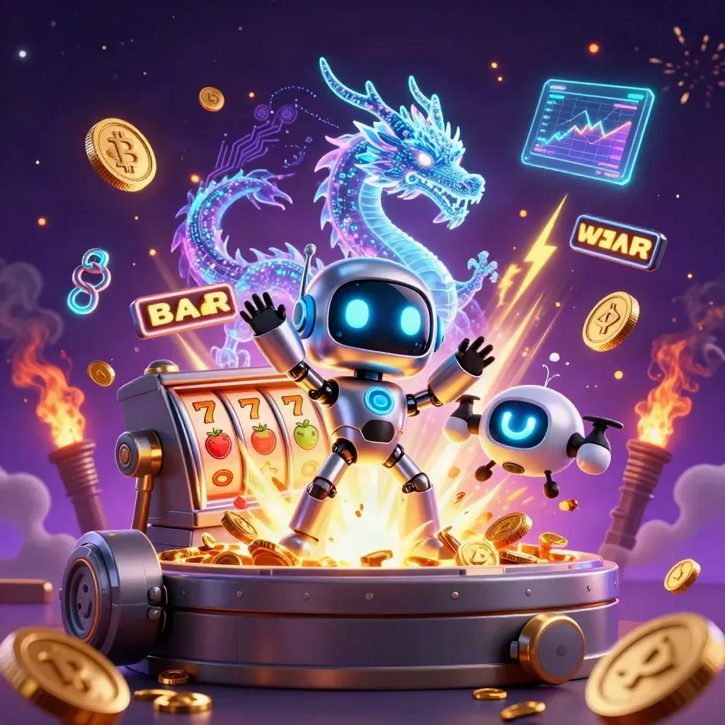 Robot mascot, holographic dragon, and coin drone burst from a vault amid neon casino treasure.