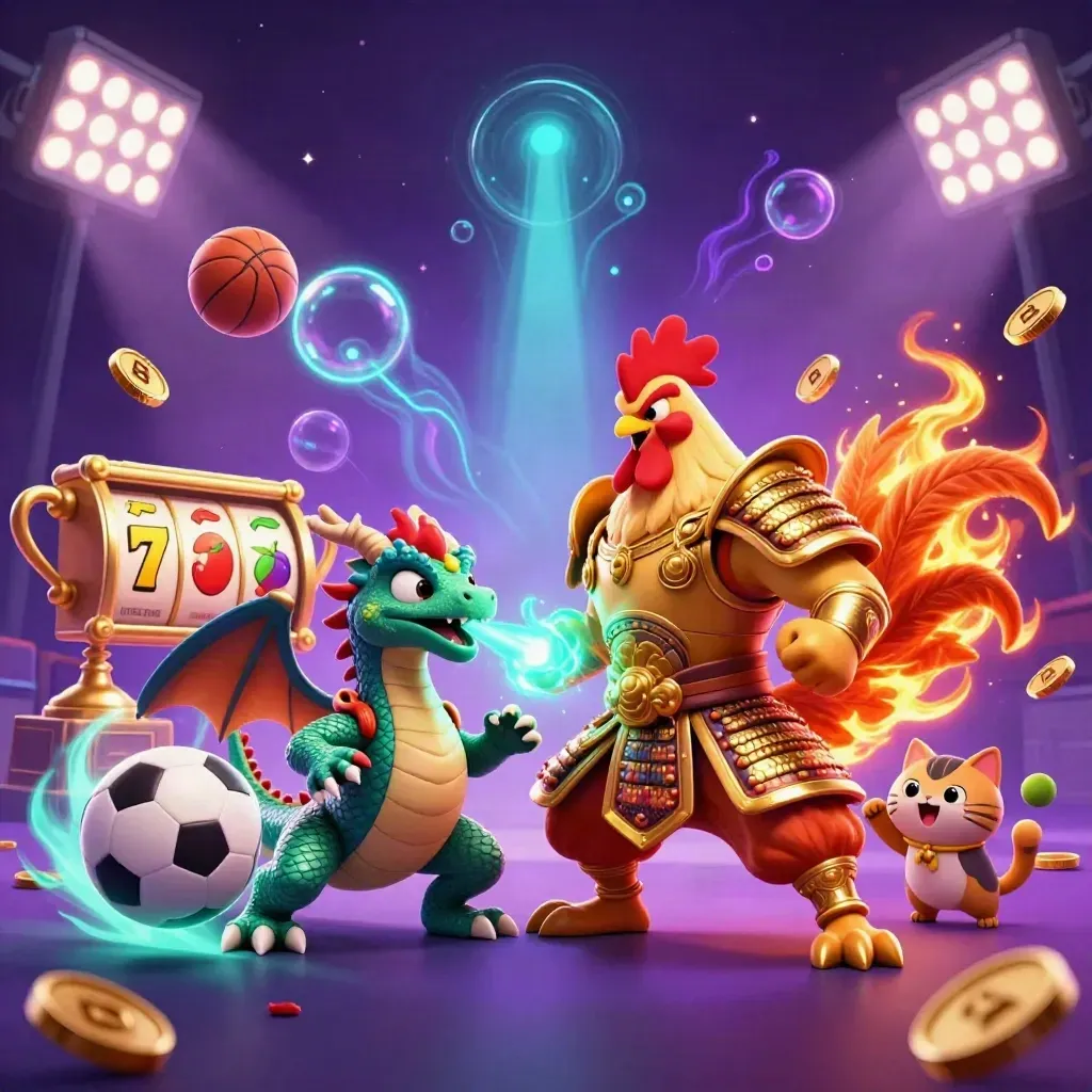 Rooster warrior, dragon hatchling, and fortune-cat amid casino balls, coins, and neon magic