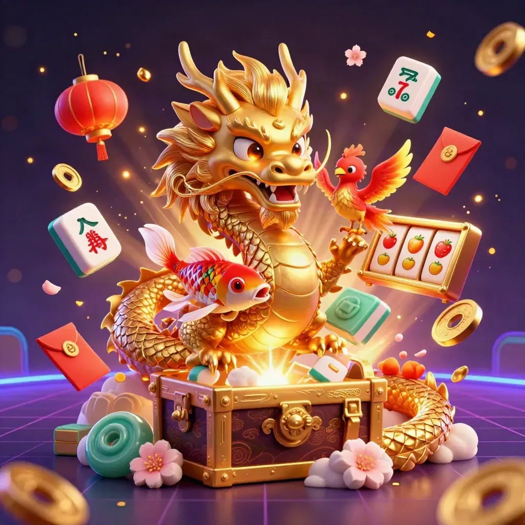 Golden dragon with phoenix, koi, chest and casino icons on a dark neon mystic background