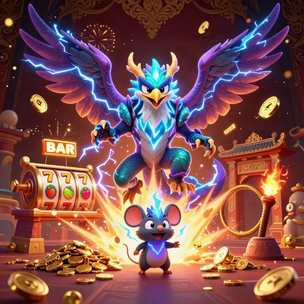 Thunder dragon, hawk, and mouse amid coins, fireworks, temple gate, and casino symbols