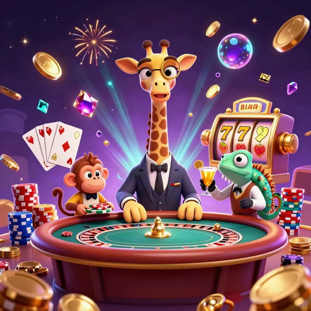 Giraffe, monkey valet, and chameleon bartender amid flying coins, chips, and neon casino magic.