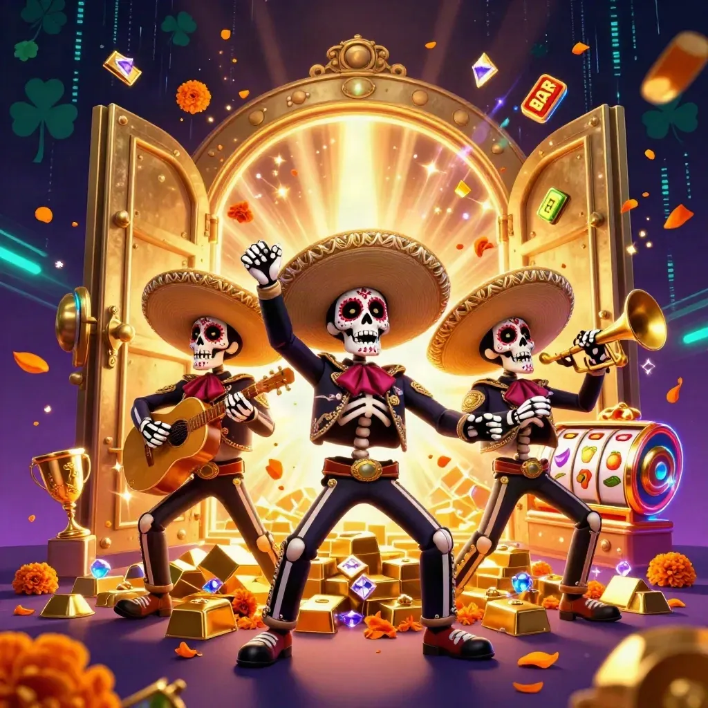 Three festive skeleton mariachi heroes burst from a golden vault with slots, coins, gems, and neon energy.