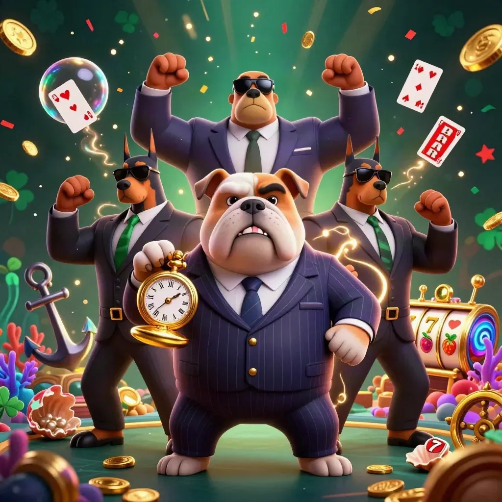 Bulldog mob boss with two Dobermans amid gold coins, coral, cards, and neon casino magic