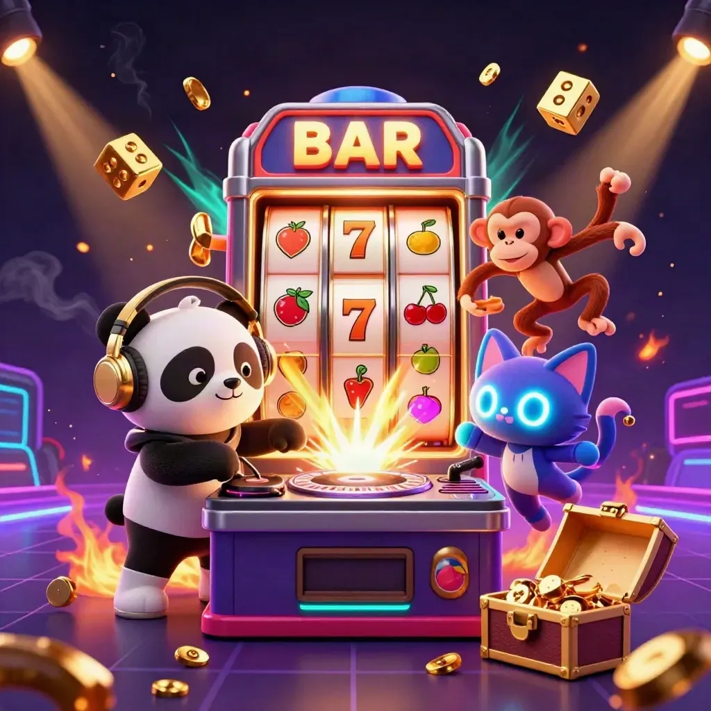 DJ panda, breakdancing monkey, and rave kitten amid exploding slots, dice, gold, and neon casino lights.