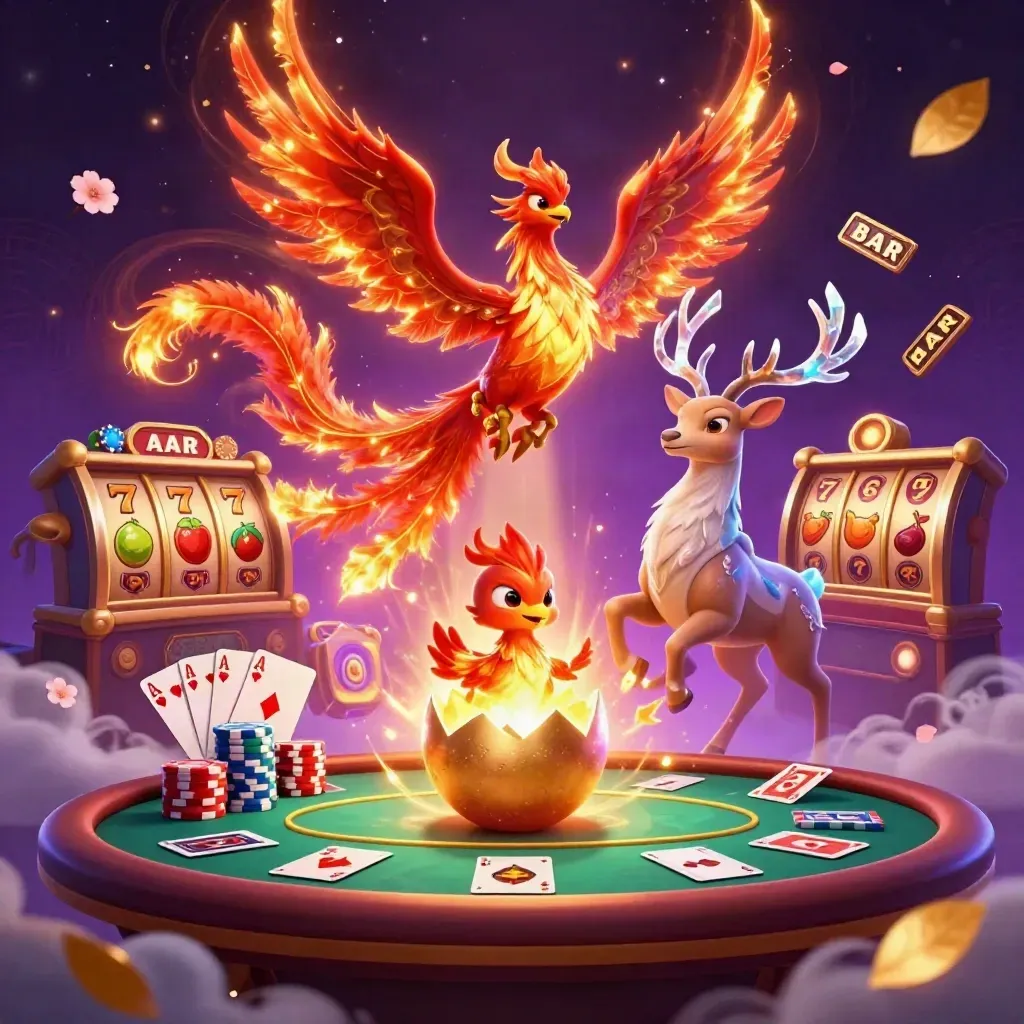 Phoenix, hatching chick and crystal stag amid chips, cards and glowing reels on purple neon