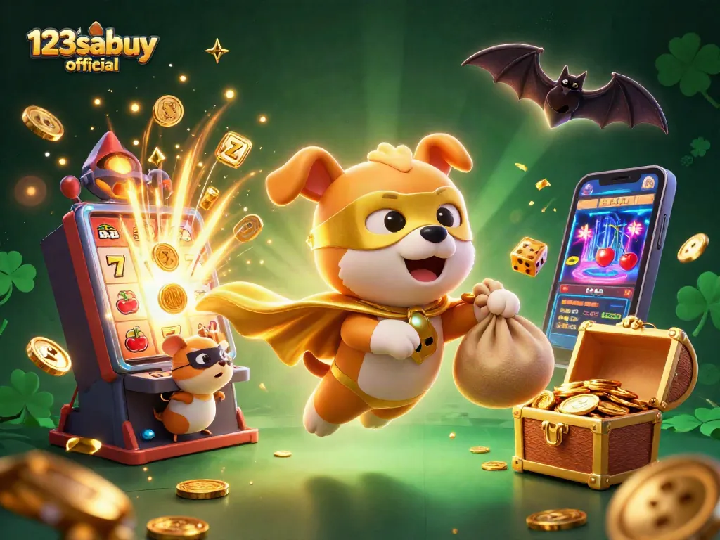 Engage with exciting wins on 123sabuy official as a superhero dog and hamster fly through a jackpot scene.
