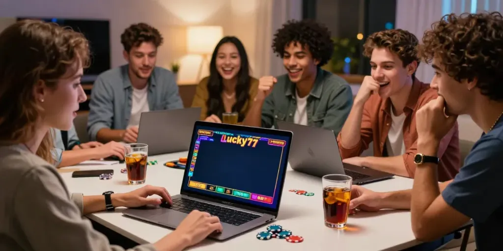 Friends enjoying a gaming night with Lucky777 on a laptop.