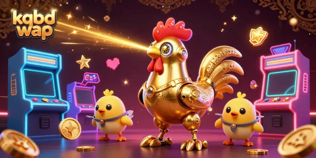 Engage with kqbd wap through dazzling animated gaming elements featuring a golden rooster robot.