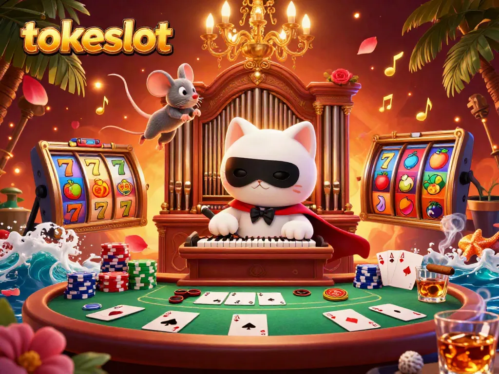Experience the excitement of tokeslot with a vibrant 3D casino illustration featuring lucky symbols and game elements.