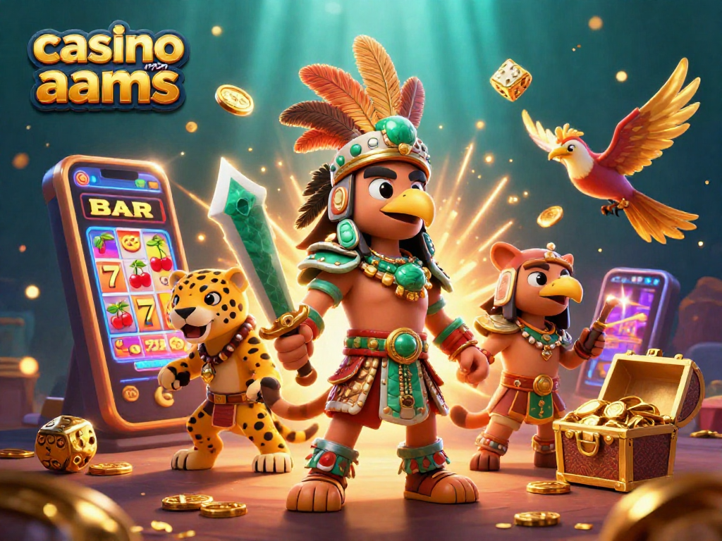 Esplora un'opera d'arte vivace che celebra i casino non AAMS con guerrieri aztechi, slot machine e simboli di jackpot.