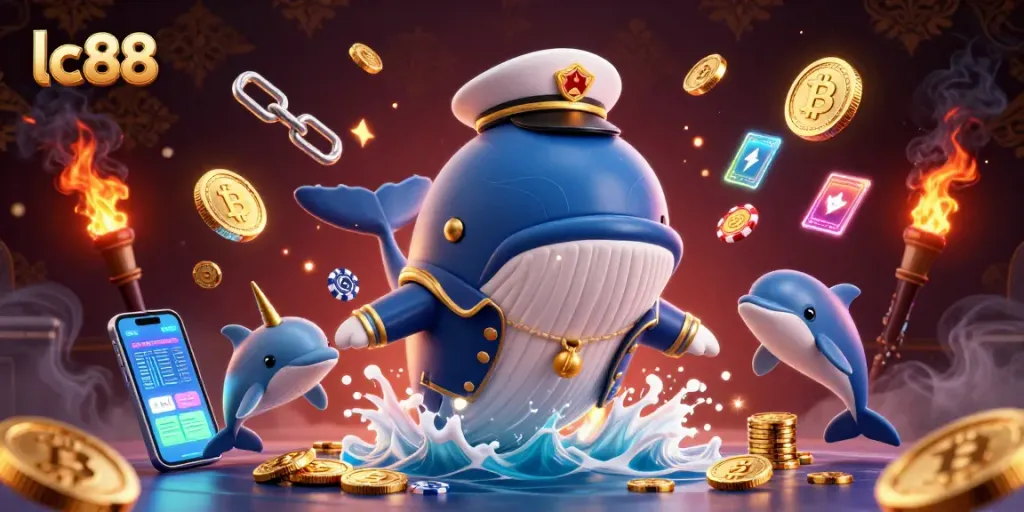 Engage with exciting lc88 casino adventures featuring a playful cartoon whale and poker chips.