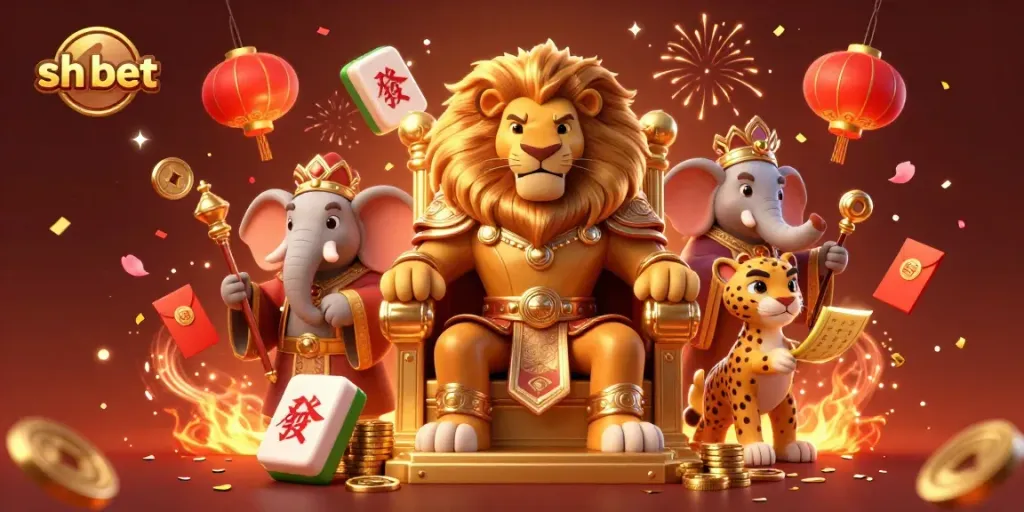 Engage in exciting sh bet gaming with a royal lion, wise elephant, and fast cheetah in a vibrant casino scene.