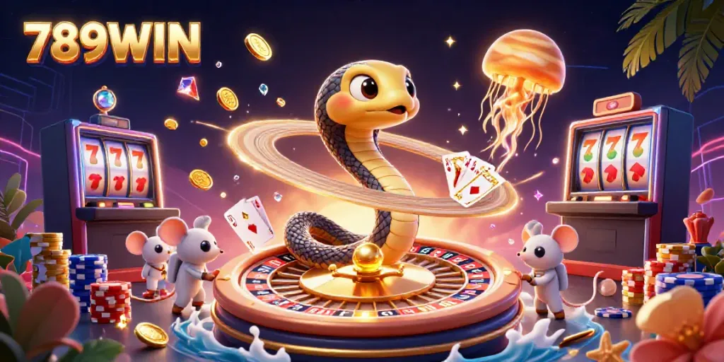 Bet with joyful astronaut mice at 789WIN, surrounded by coins, cards, and cosmic dealer.