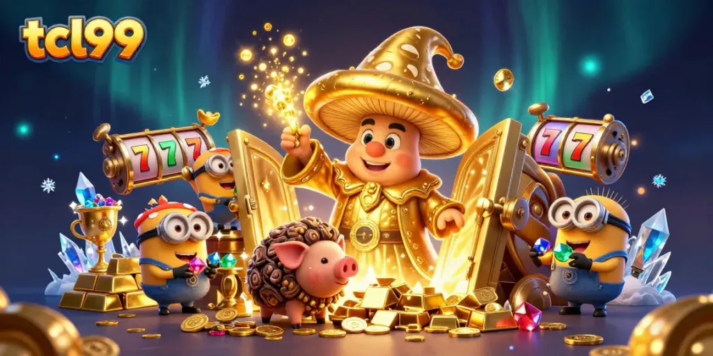 TCL99 offers engaging gaming features with rich visuals and magical elements in a whimsical casino scene.