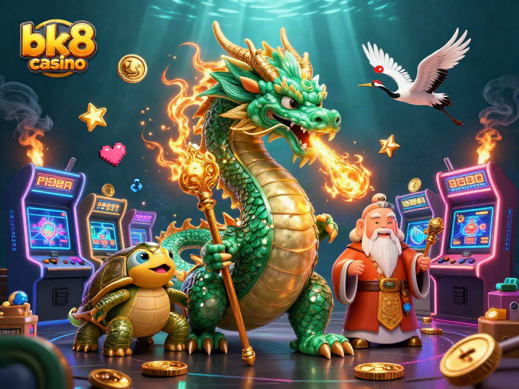 Engage with bk8 casino's vibrant gameplay featuring dragons, turtle sages, and lucky symbols.