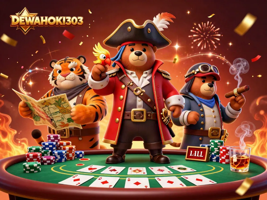 DEWAHOKI303 menampilkan petualangan seru dengan karakter kasino kartun dan elemen poker.