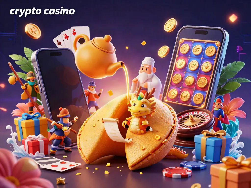 Immerse in this crypto casino scene with golden fortune cookie, wise dragon, and jackpot symbols.