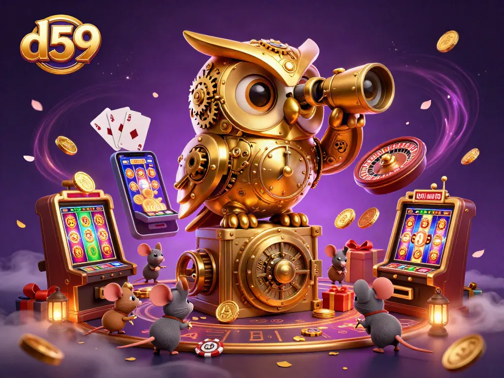 Engage with d59 as a golden owl and wind-up mice illuminate a vibrant casino atmosphere.