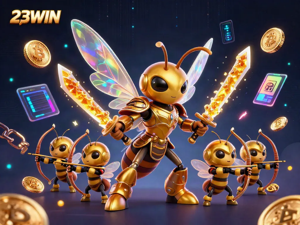 Experience the thrill of 23WIN with a vibrant 3D casino scene featuring unique characters and cryptocurrency elements.