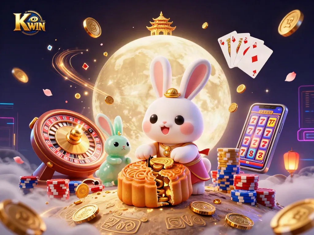 KUWIN invites players to explore a captivating 3D casino world filled with golden mooncakes, poker chips, and dynamic gaming elements.