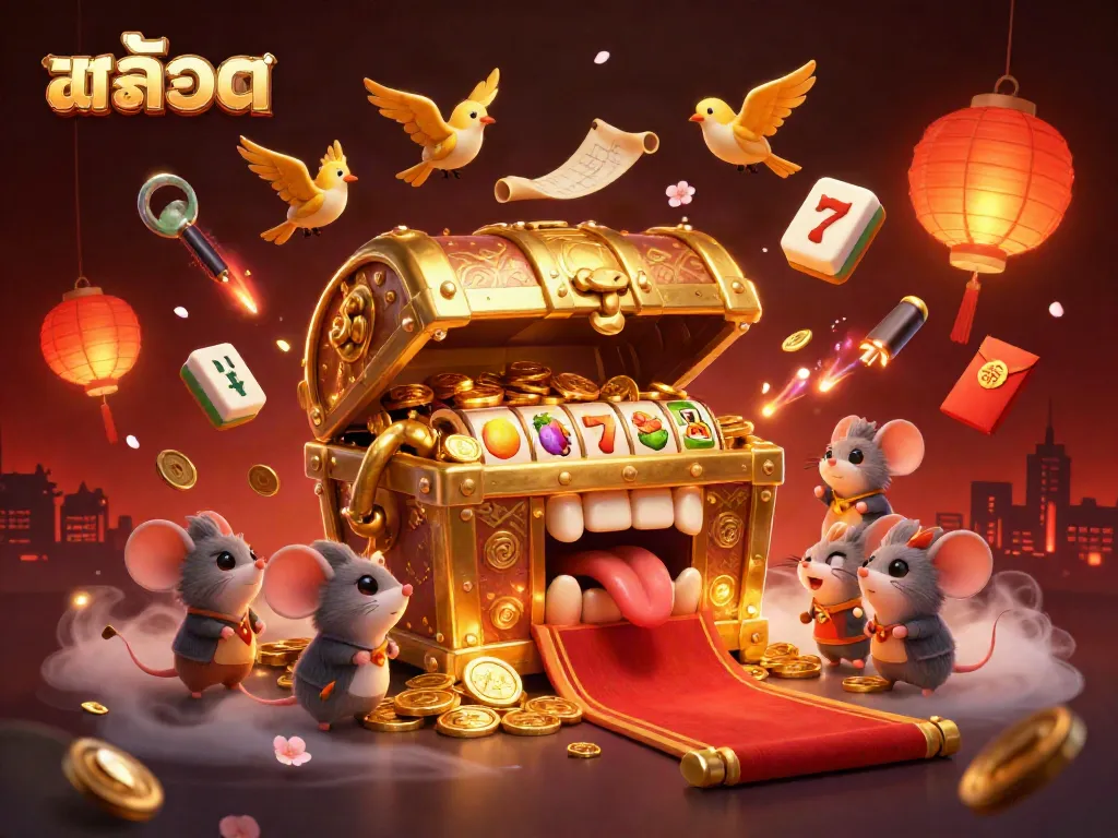Engage with สล็อต in a vibrant 3D digital illustration of a treasure chest and slot reels filled with fruit symbols.