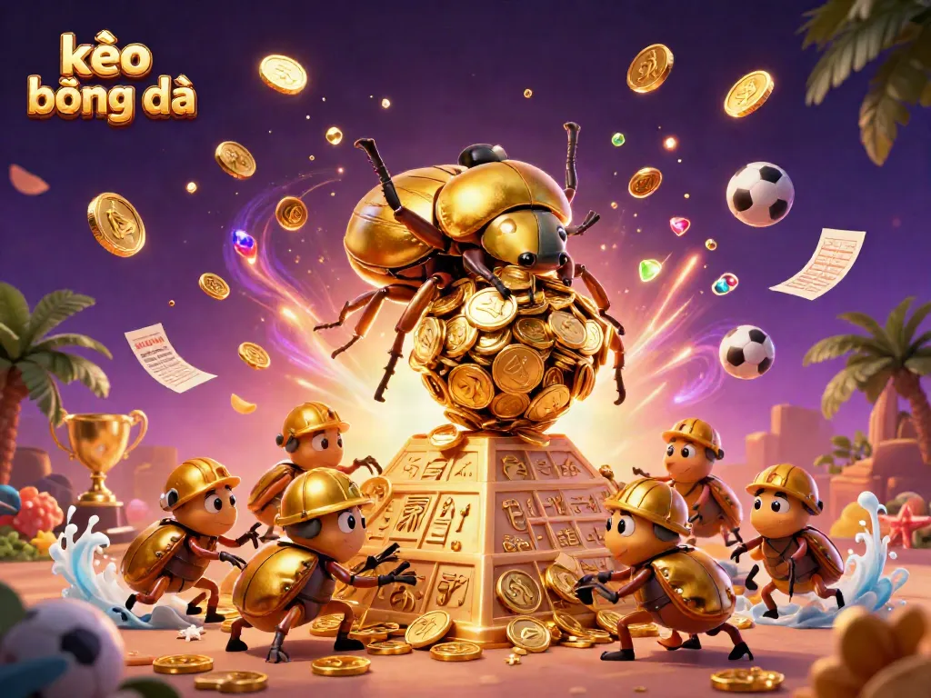 Engage in kèo bóng đá with a dynamic scene featuring golden beetles and betting elements.